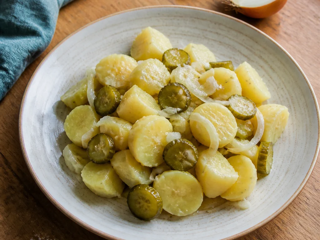 Картофельный салат с солёным огурцом и луком — готовое блюдо