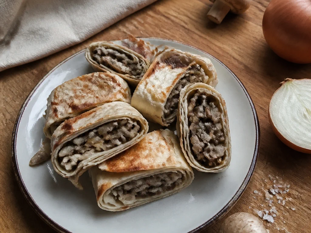 Рулетики из лаваша с грибами и луком — готовое блюдо
