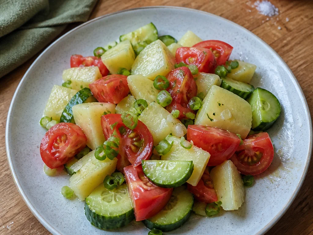 Салат из огурцов и томатов с варёным картофелем — готовое блюдо