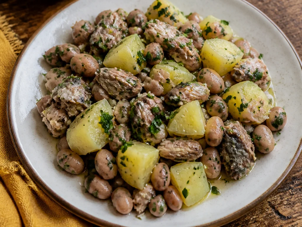 Салат с рыбой и картофелем с фасолью и петрушкой — готовое блюдо