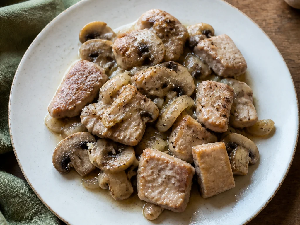 Свинина, тушённая с шампиньонами — готовое блюдо