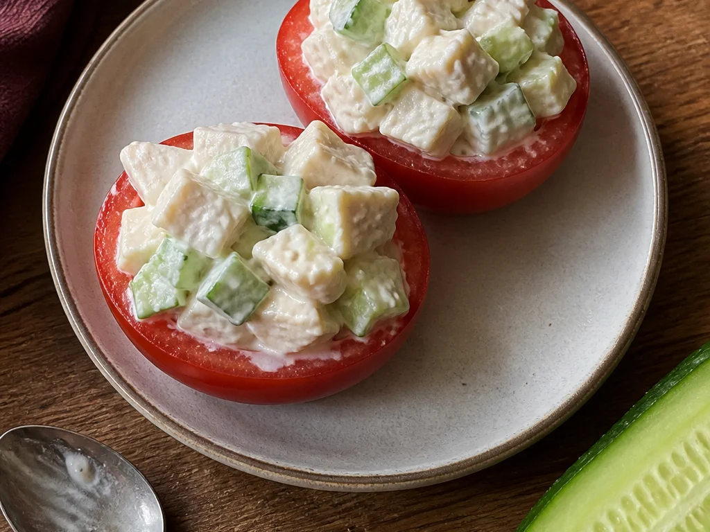 Томаты, фаршированные курицей и огурцом — готовое блюдо