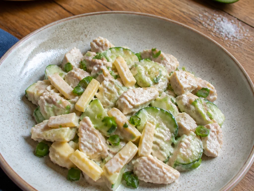 Салат с курицей и огурцом с сыром и зелёным луком — готовое блюдо