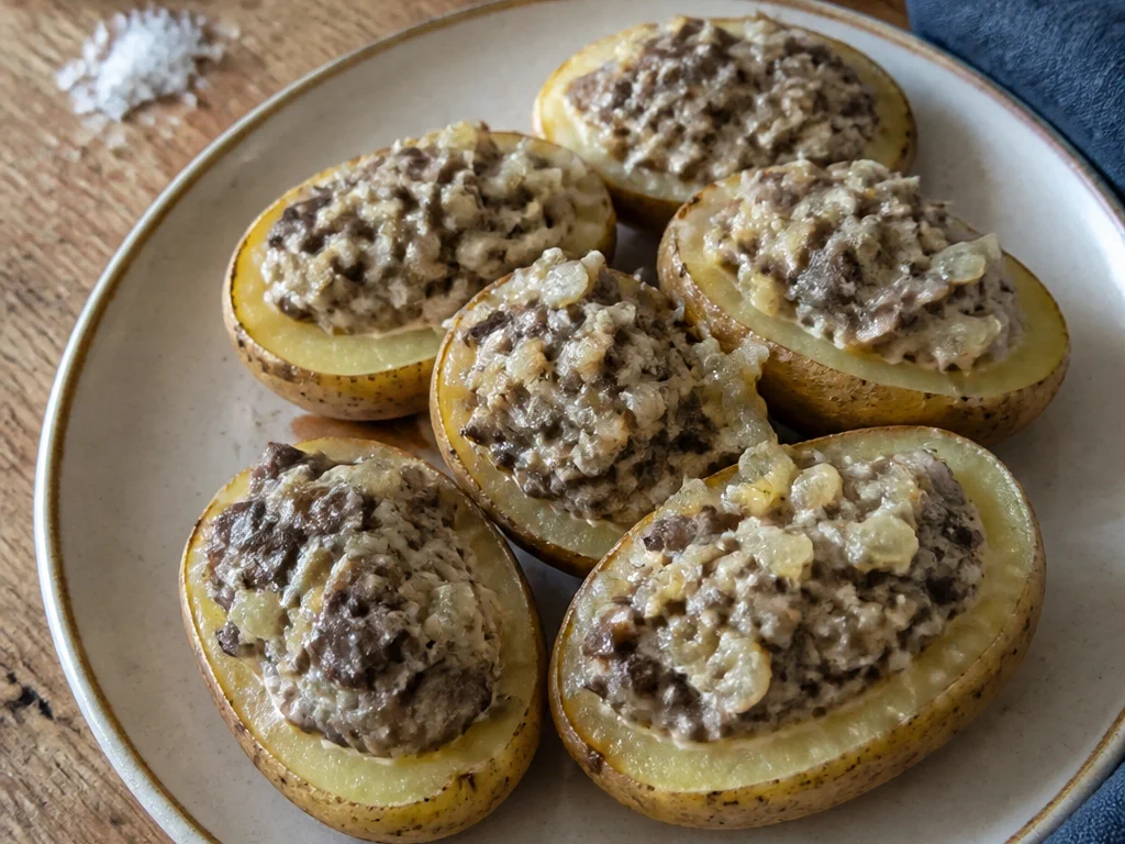 Картофельные половинки с грибной начинкой — готовое блюдо