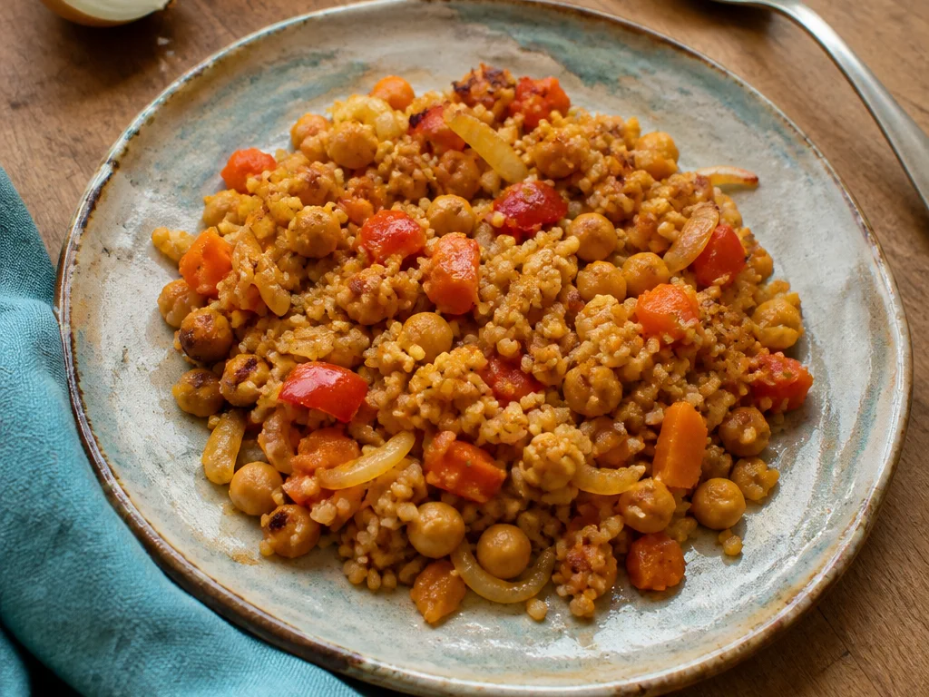 Крупа по-домашнему из булгура с овощами и нутом — готовое блюдо