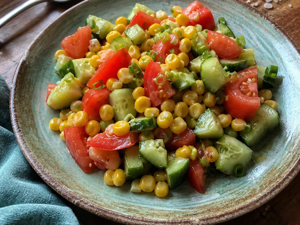 Салат из огурцов и томатов с кукурузой и зелёным луком — готовое блюдо