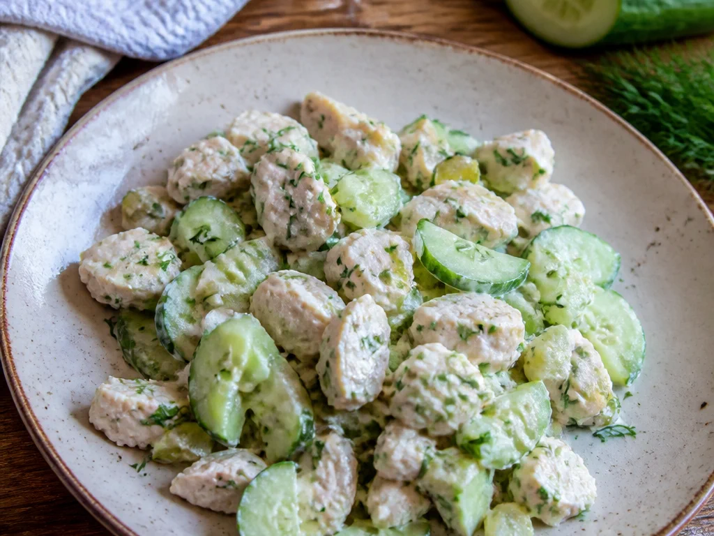 Салат с курицей и огурцом с солёным огурцом и укропом — готовое блюдо