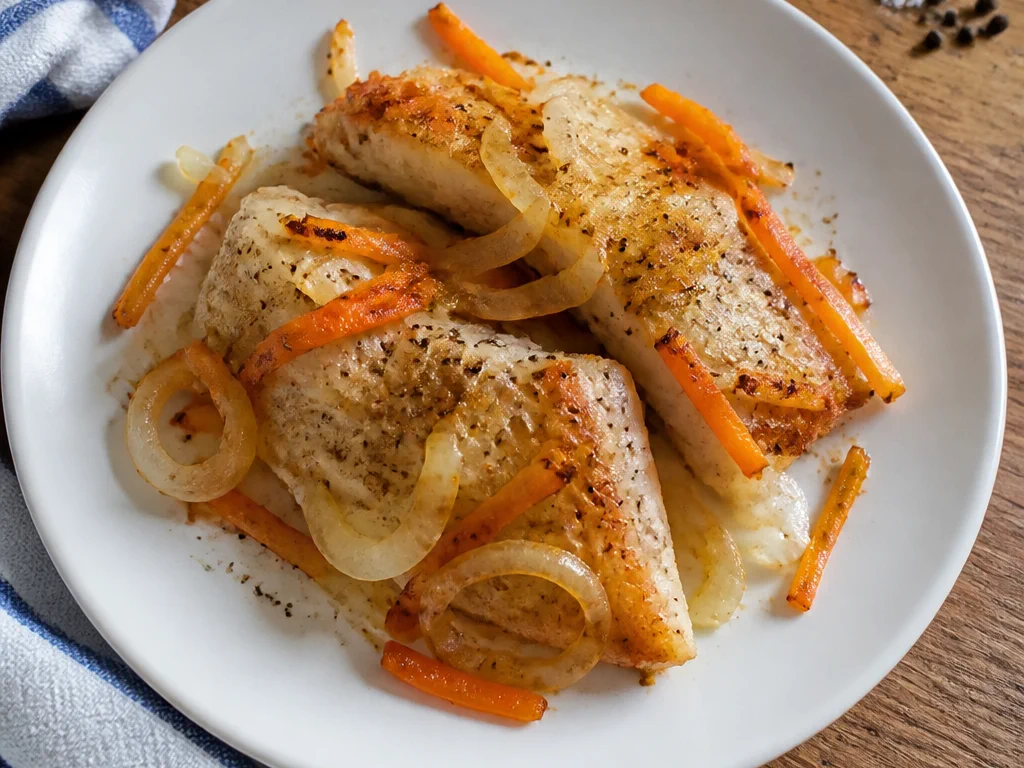 Минтай, запечённый с луком и морковью — готовое блюдо