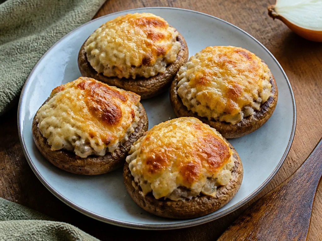 Шампиньоны, фаршированные сыром и луком — готовое блюдо