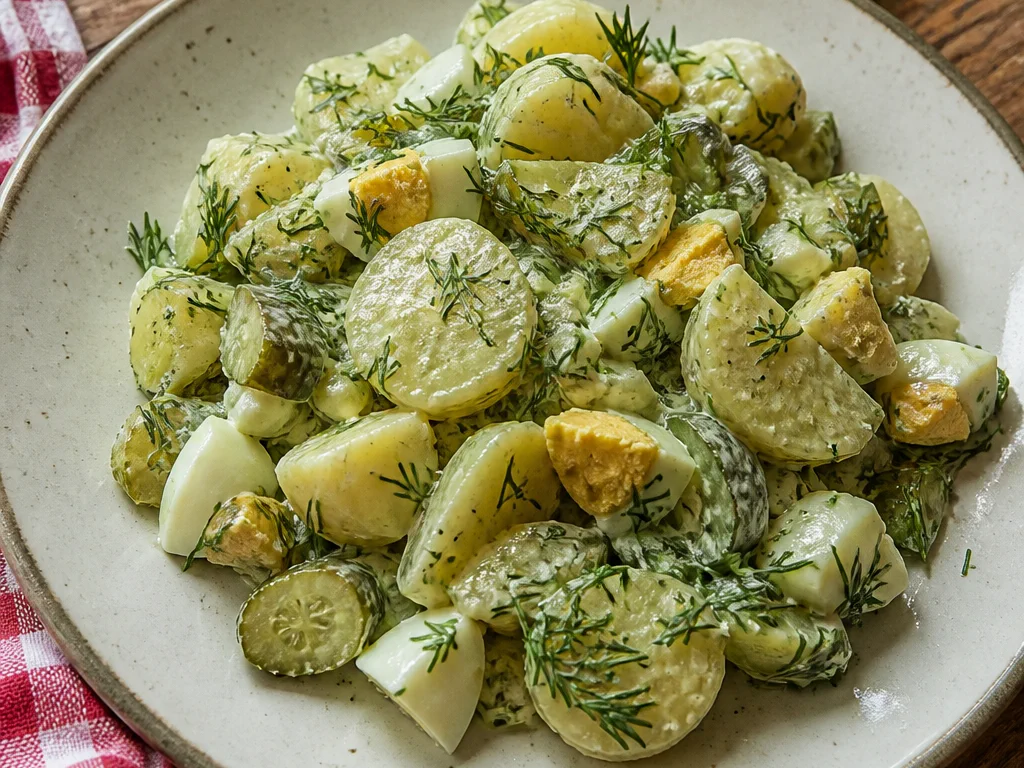 Салат с яйцом и картофелем с солёным огурцом и укропом — готовое блюдо