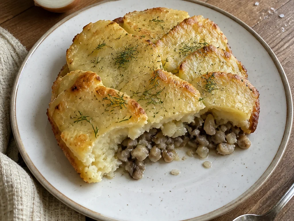 Картофельная запеканка с грибами и укропом — готовое блюдо