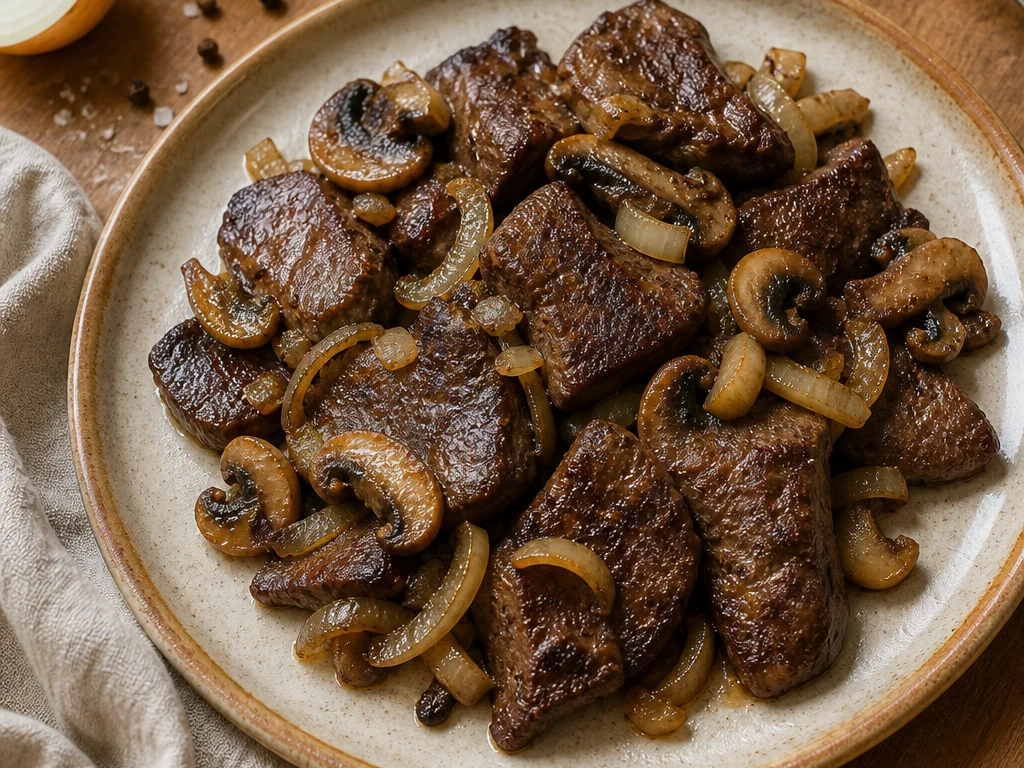 Печень говяжья с шампиньонами — готовое блюдо