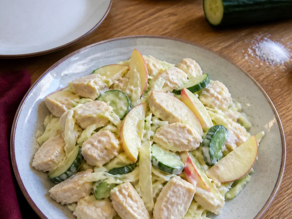 Салат с курицей и огурцом с капустой и яблоком — готовое блюдо