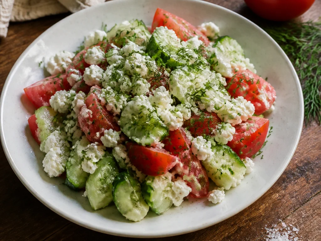 Салат из огурцов и томатов с творогом и укропом — готовое блюдо