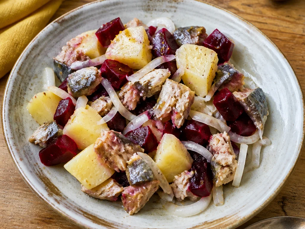 Салат с рыбой и картофелем со свёклой и луком — готовое блюдо