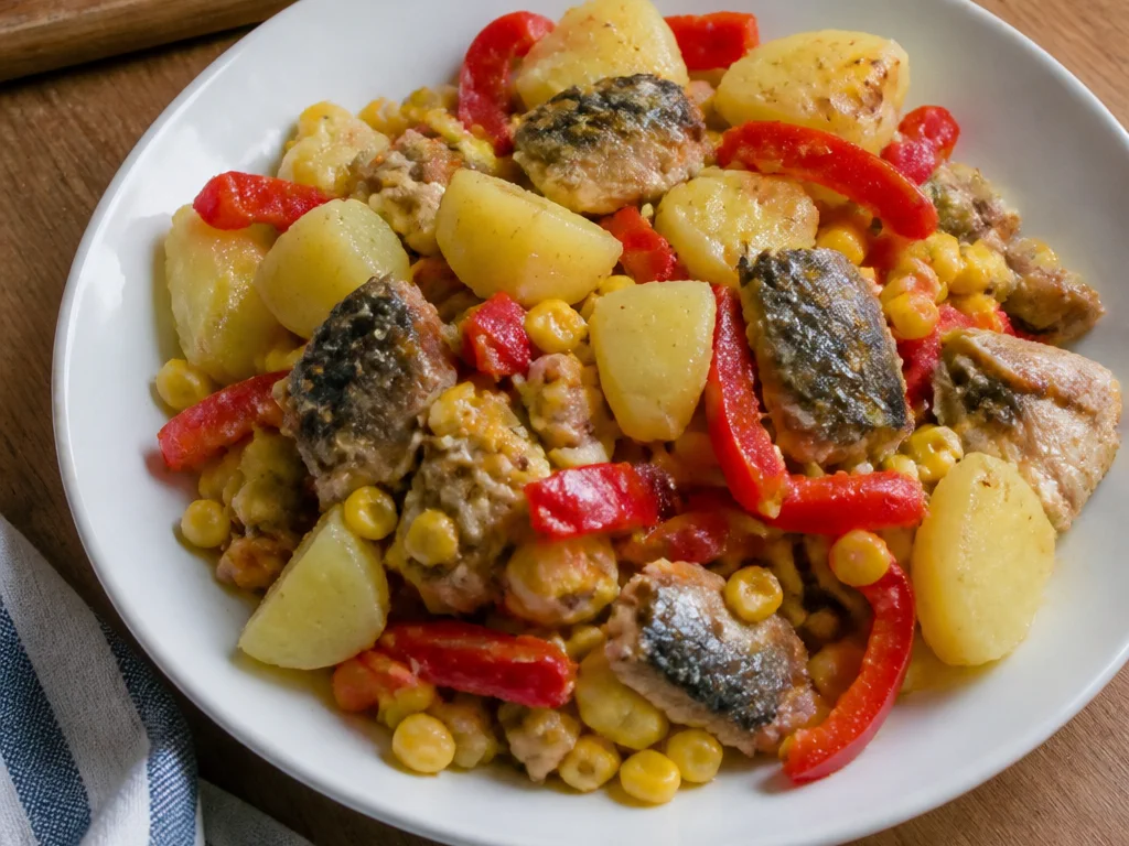 Салат с рыбой и картофелем со сладким перцем и кукурузой — готовое блюдо