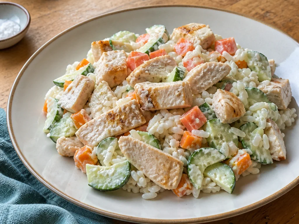 Салат с курицей и огурцом с рисом и морковью — готовое блюдо