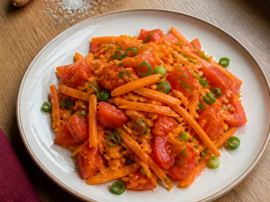 Салат из сырой моркови с томатом и зелёным луком — готовое блюдо