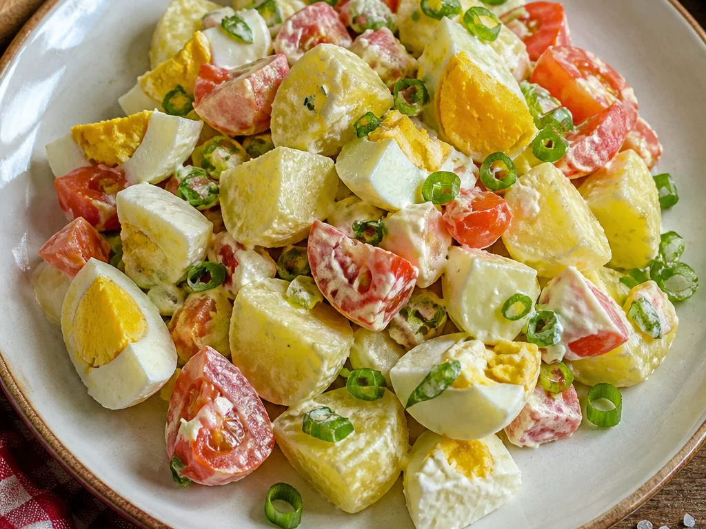 Салат с яйцом и картофелем с томатом и зелёным луком — готовое блюдо