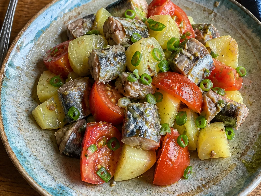 Салат с рыбой и картофелем с томатом и зелёным луком — готовое блюдо