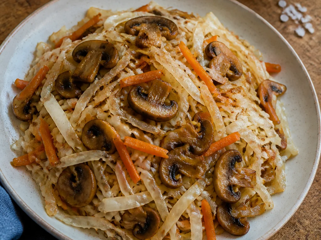 Салат из капусты и моркови с обжаренными шампиньонами — готовое блюдо