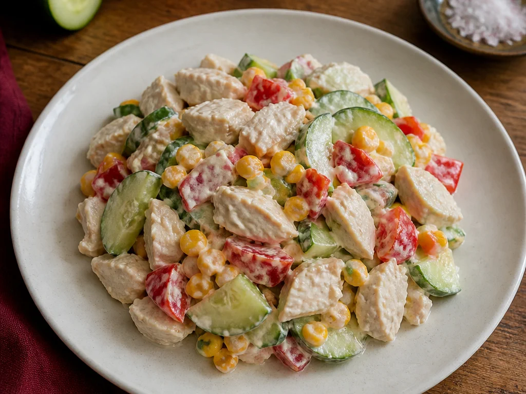 Салат с курицей и огурцом со сладким перцем и кукурузой — готовое блюдо