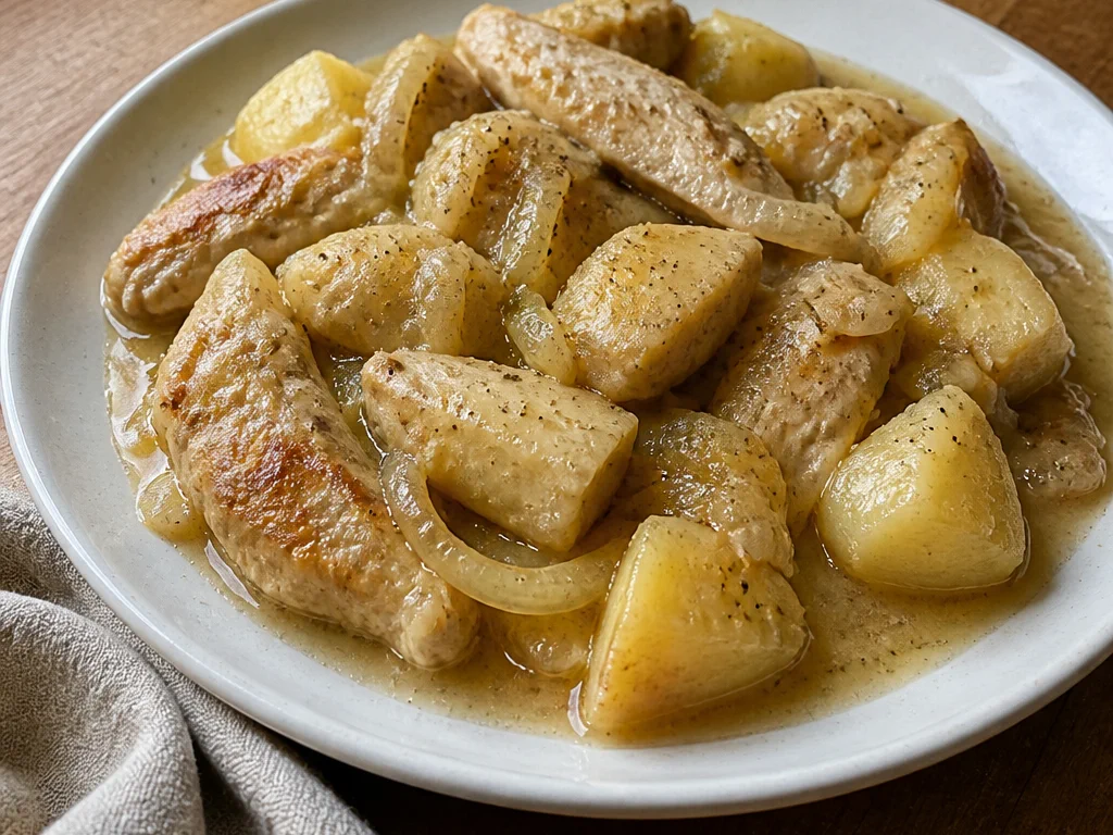 Отварной картофель с курицей в луковой подливе — готовое блюдо
