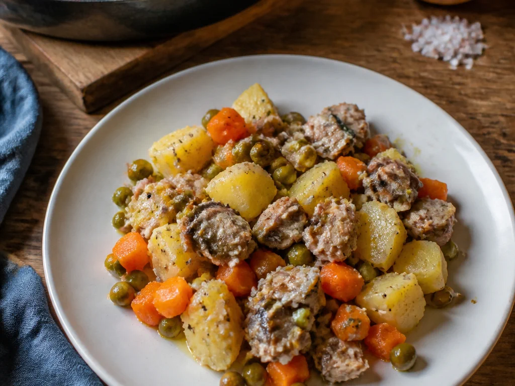 Салат с рыбой и картофелем с горошком и морковью — готовое блюдо