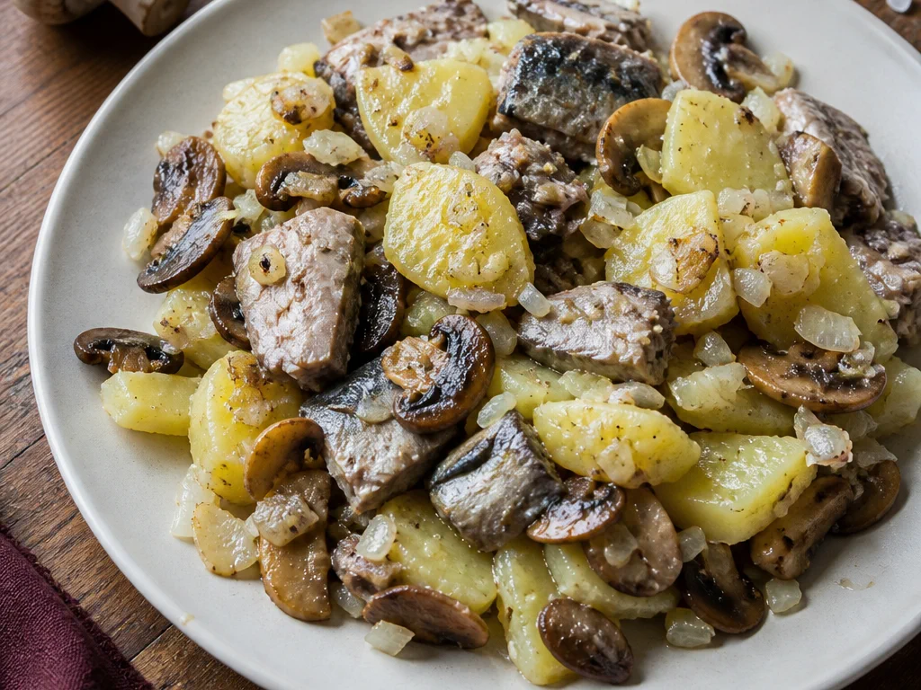 Салат с рыбой и картофелем с шампиньонами и луком — готовое блюдо