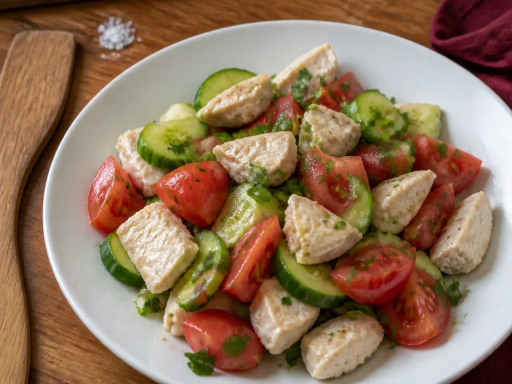 Салат из огурцов и томатов с курицей и петрушкой — готовое блюдо
