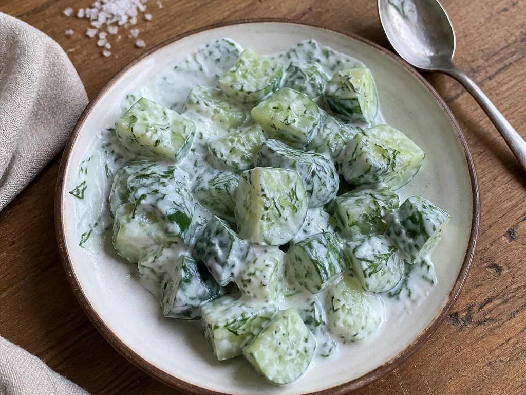 Огуречная закуска со сметаной и укропом — готовое блюдо