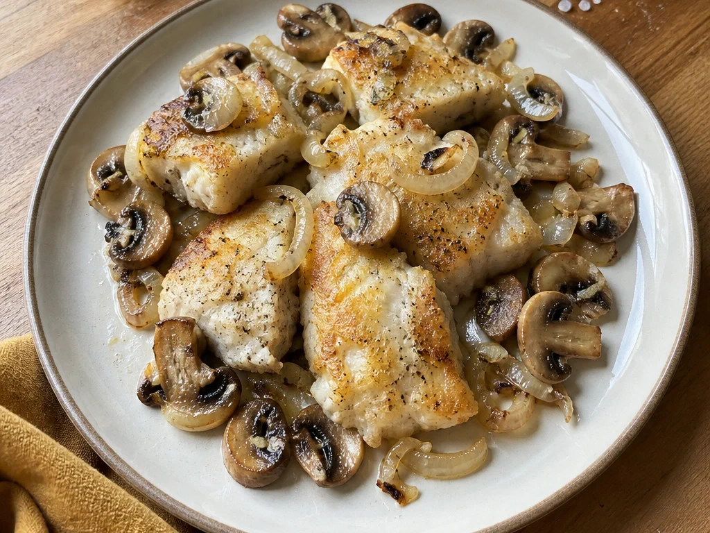 Минтай, запечённый с шампиньонами и луком — готовое блюдо
