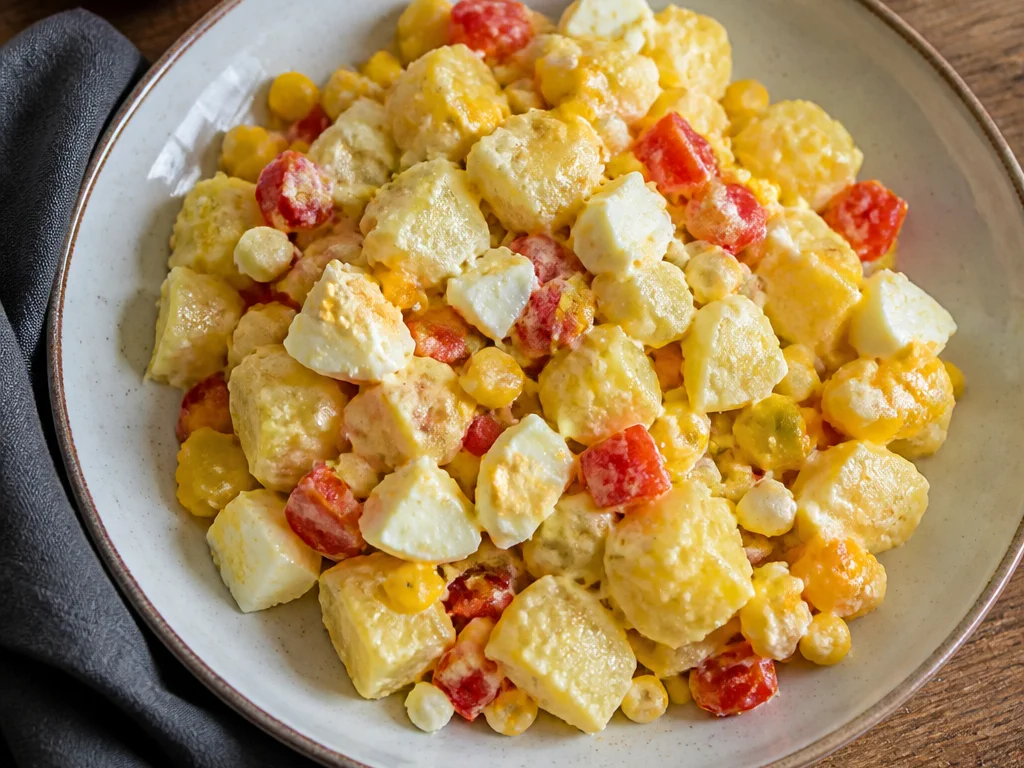 Салат с яйцом и картофелем со сладким перцем и кукурузой — готовое блюдо