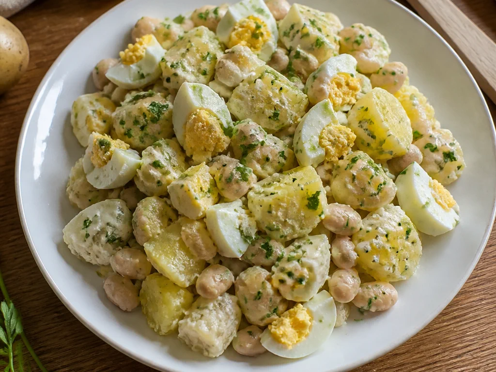 Салат с яйцом и картофелем с фасолью и петрушкой — готовое блюдо