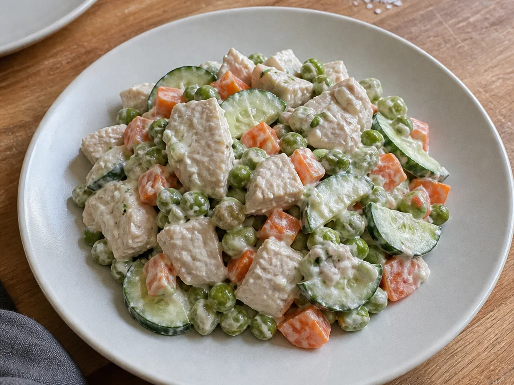 Салат с курицей и огурцом с горошком и морковью — готовое блюдо