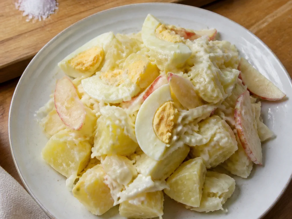 Салат с яйцом и картофелем с капустой и яблоком — готовое блюдо