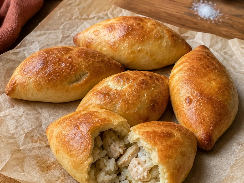 Дрожжевые пирожки с курицей и рисом — готовое блюдо