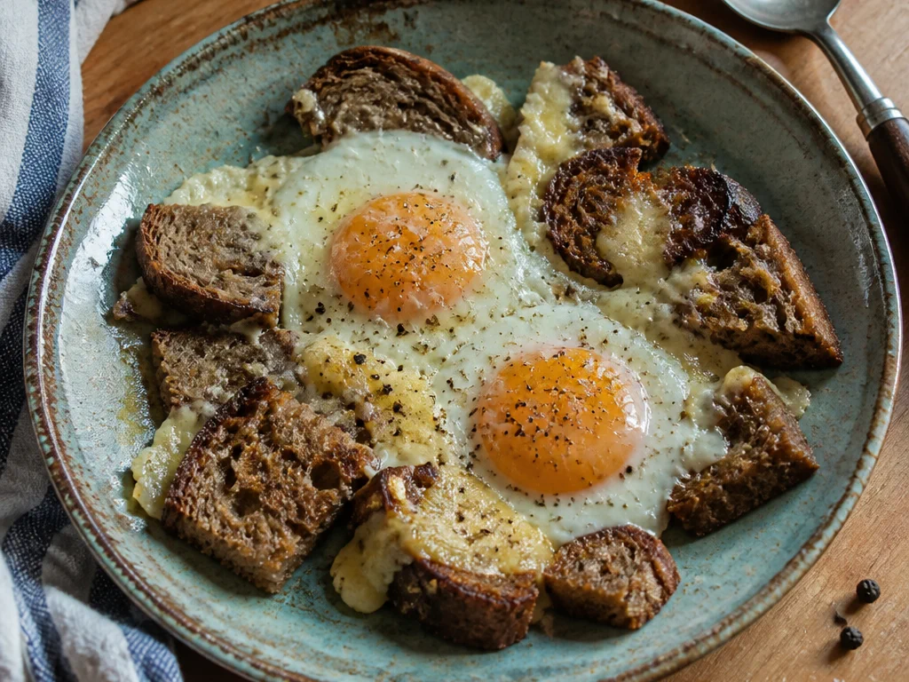 Яичница с ржаным хлебом и сыром — готовое блюдо