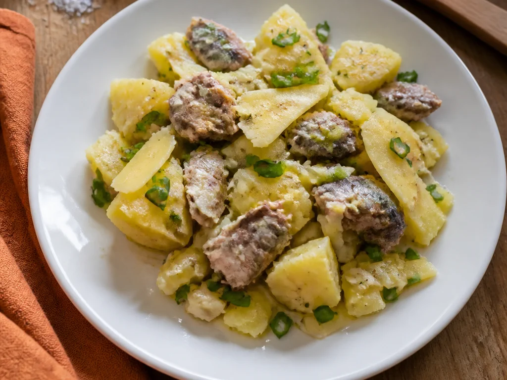 Салат с рыбой и картофелем с сыром и зелёным луком — готовое блюдо