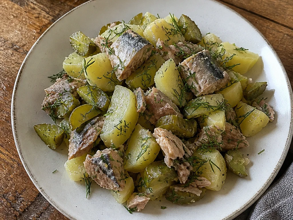 Салат с рыбой и картофелем с солёным огурцом и укропом — готовое блюдо