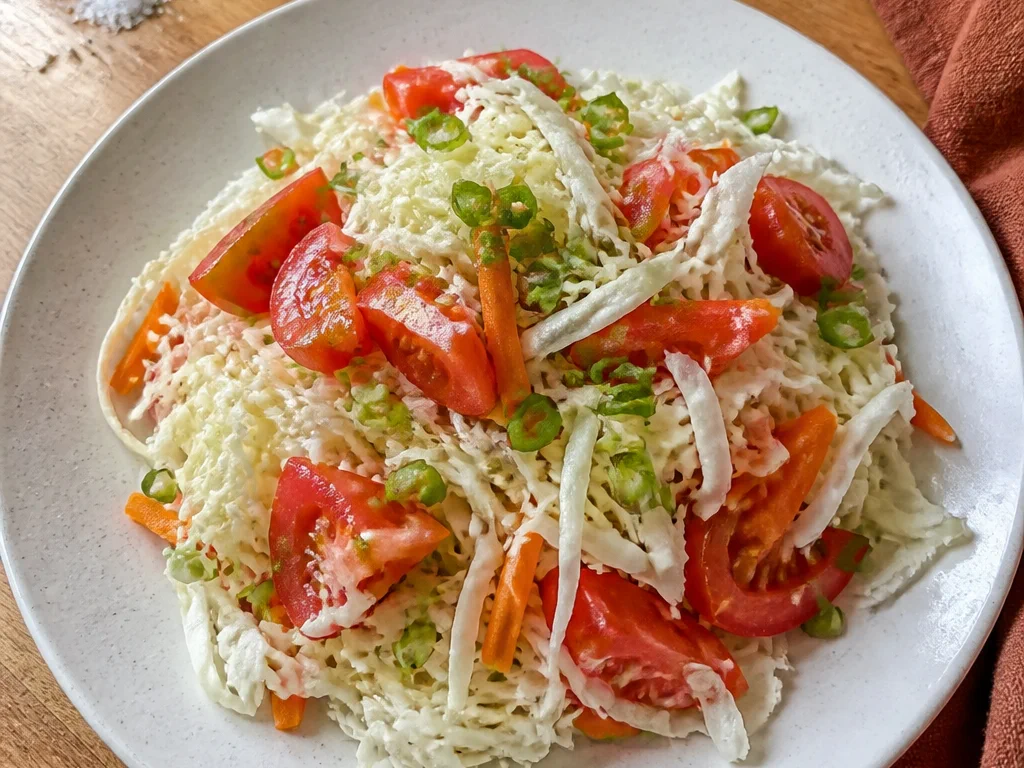 Салат из капусты и моркови с томатом и зелёным луком — готовое блюдо