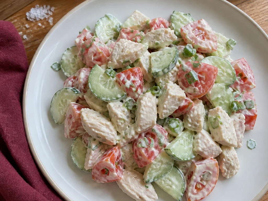 Салат с курицей и огурцом с томатом и зелёным луком — готовое блюдо