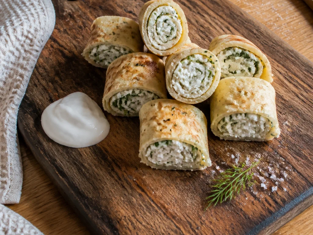 Блинные рулетики с творогом и зеленью — готовое блюдо
