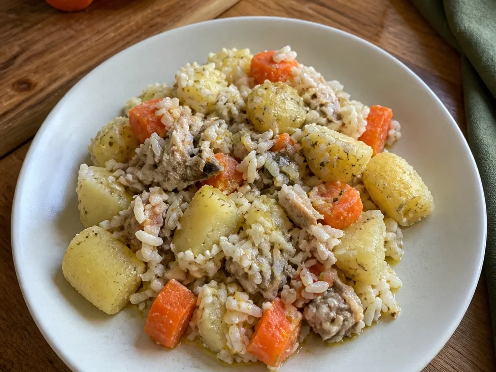Салат с рыбой и картофелем с рисом и морковью — готовое блюдо