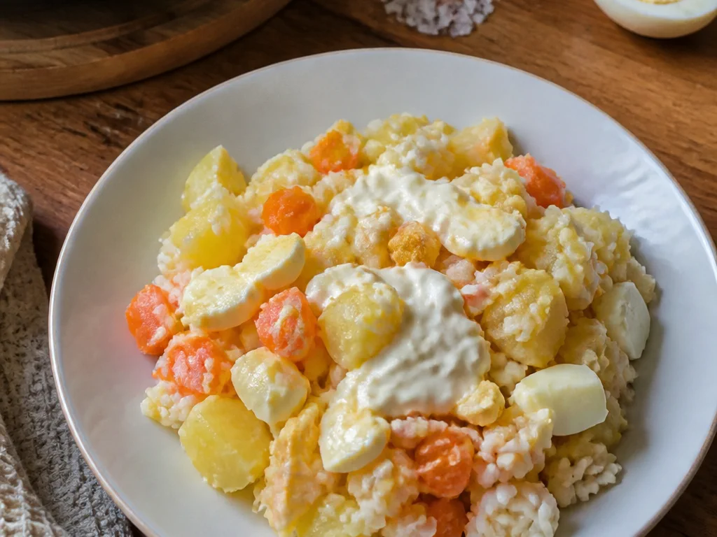 Салат с яйцом и картофелем с рисом и морковью — готовое блюдо