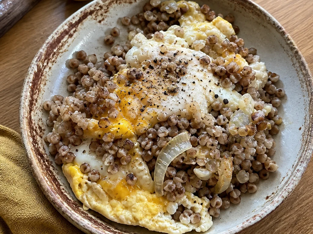 Яичница с гречкой и луком — готовое блюдо