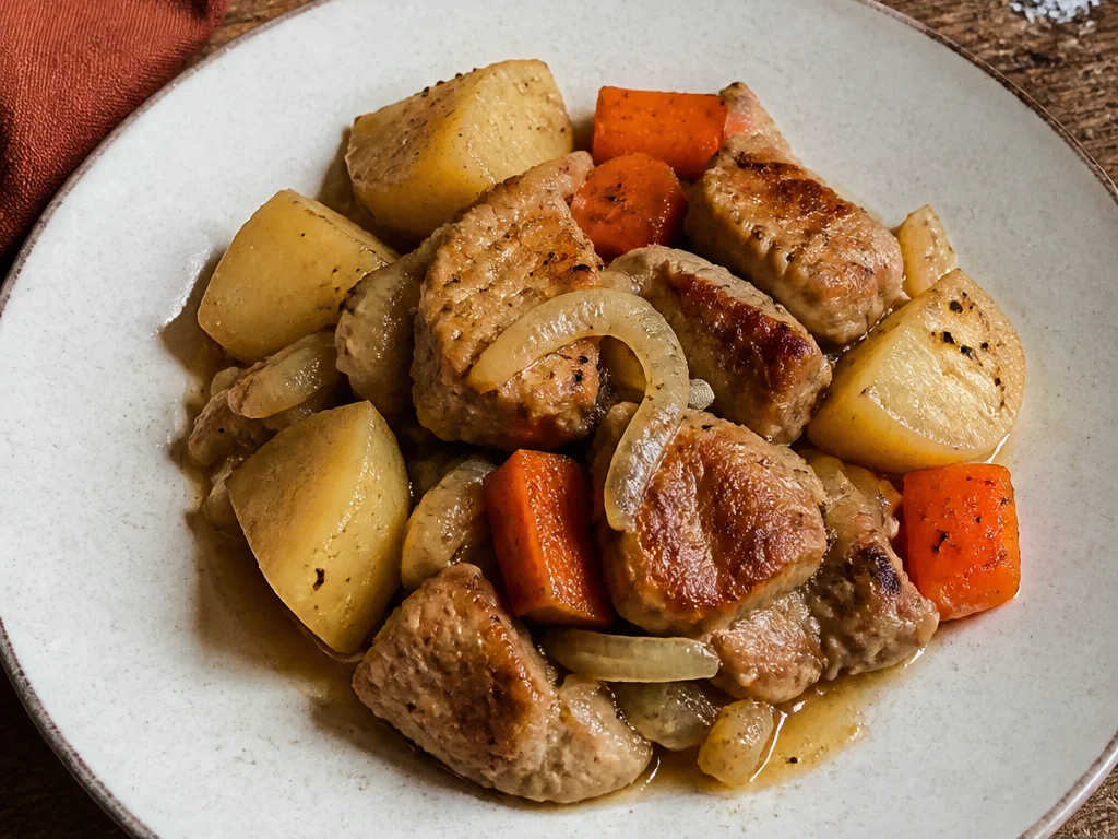 Свинина, тушённая с картофелем и морковью — готовое блюдо